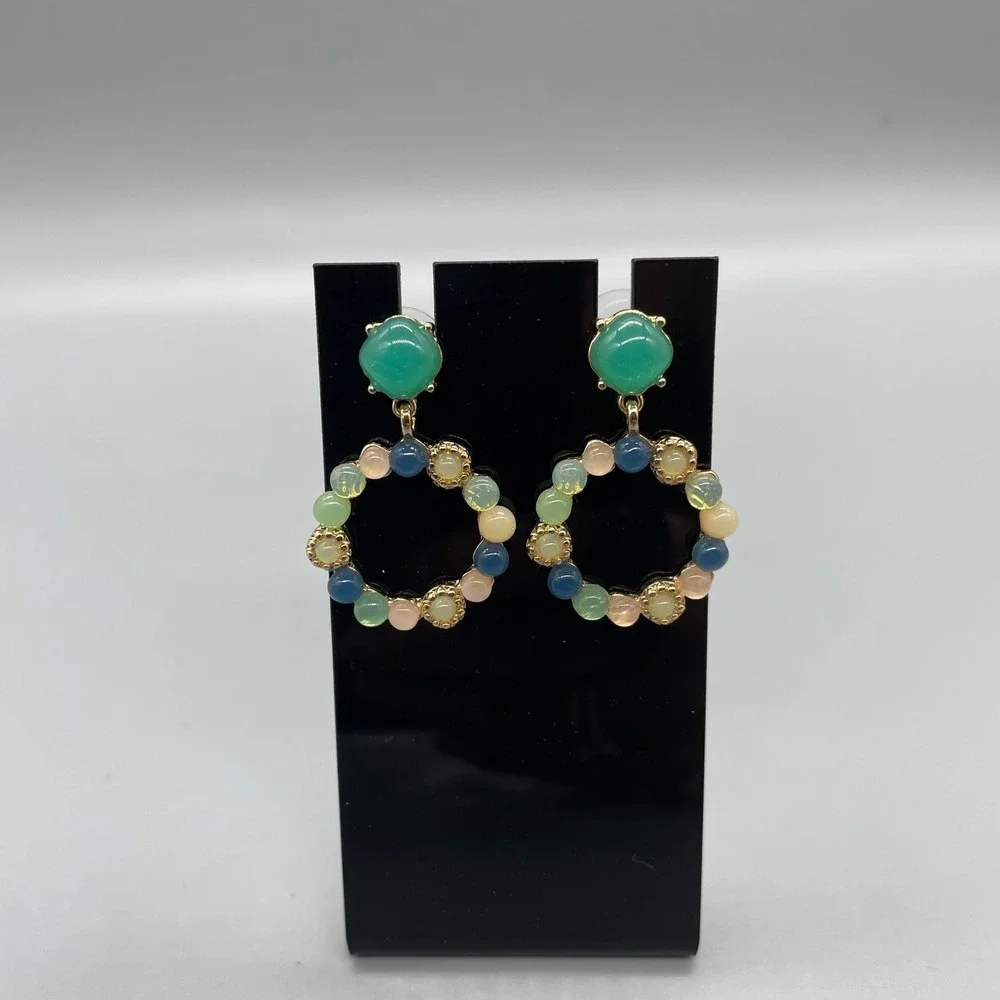 Gold Tone Multi Color Beaded Wreath Drop Earrings Green Cabochon Studs Boho‎